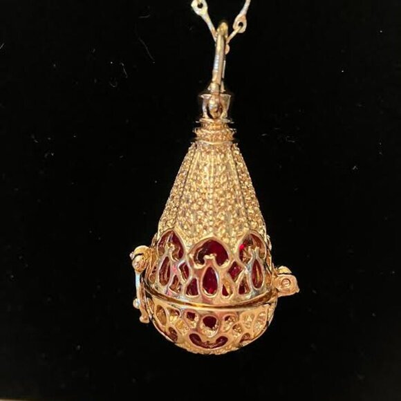 Handcrafted Gold-Tone Necklace "Gilded Cage-Balloon" w/Ruby-Red Beads 24"/26" - Picture 2 of 8